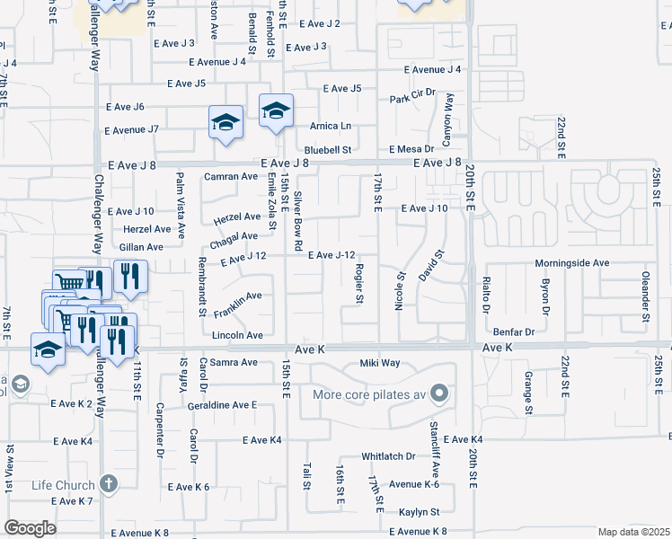 map of restaurants, bars, coffee shops, grocery stores, and more near 43729 Mikosasky Avenue in Lancaster