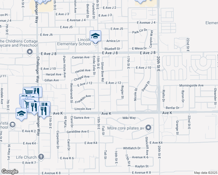 map of restaurants, bars, coffee shops, grocery stores, and more near 43731 16th Street East in Lancaster