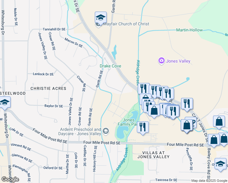 map of restaurants, bars, coffee shops, grocery stores, and more near 5046 Somerby Drive Southeast in Huntsville