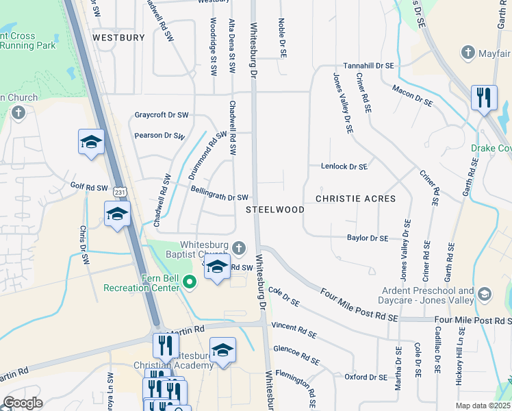 map of restaurants, bars, coffee shops, grocery stores, and more near 6585 Whitesburg Drive South in Huntsville