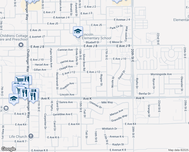 map of restaurants, bars, coffee shops, grocery stores, and more near 43729 Mikosasky Avenue in Lancaster