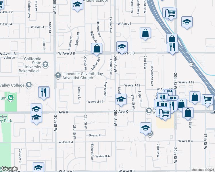 map of restaurants, bars, coffee shops, grocery stores, and more near 43804 Fenner Avenue in Lancaster