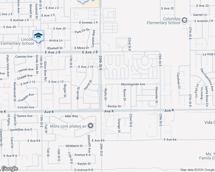 map of restaurants, bars, coffee shops, grocery stores, and more near 43748 Rialto Drive in Lancaster