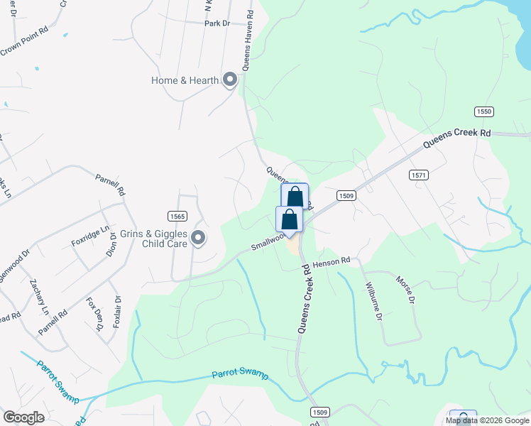 map of restaurants, bars, coffee shops, grocery stores, and more near 111 Queens Haven Road in Hubert