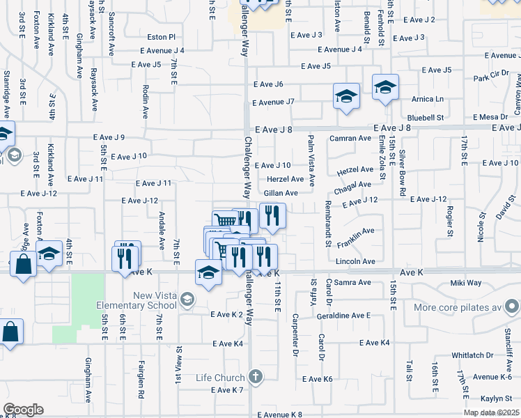 map of restaurants, bars, coffee shops, grocery stores, and more near 43744 Lena Court in Lancaster