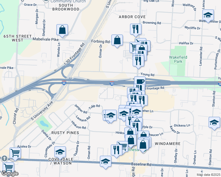map of restaurants, bars, coffee shops, grocery stores, and more near Interstate 30 in Little Rock