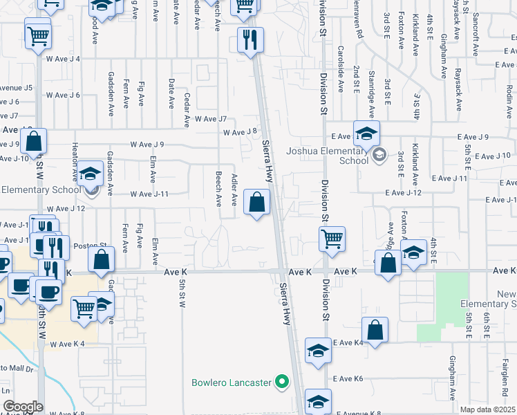 map of restaurants, bars, coffee shops, grocery stores, and more near 43745 Sierra Highway in Lancaster