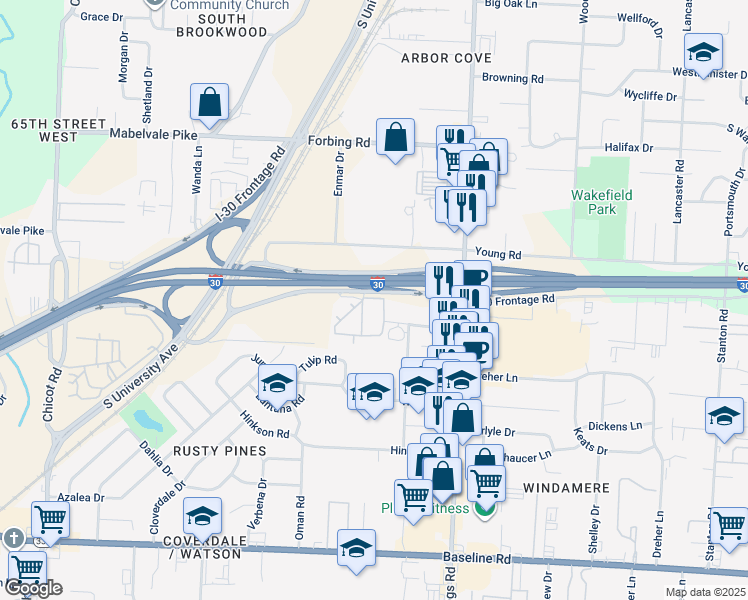 map of restaurants, bars, coffee shops, grocery stores, and more near Interstate 30 in Little Rock