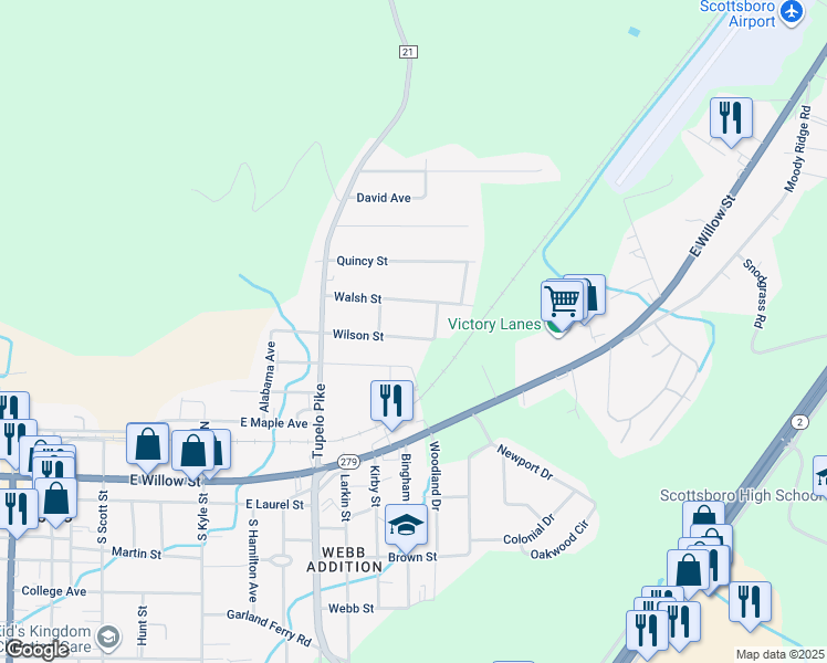 map of restaurants, bars, coffee shops, grocery stores, and more near 707 Wilson Street in Scottsboro
