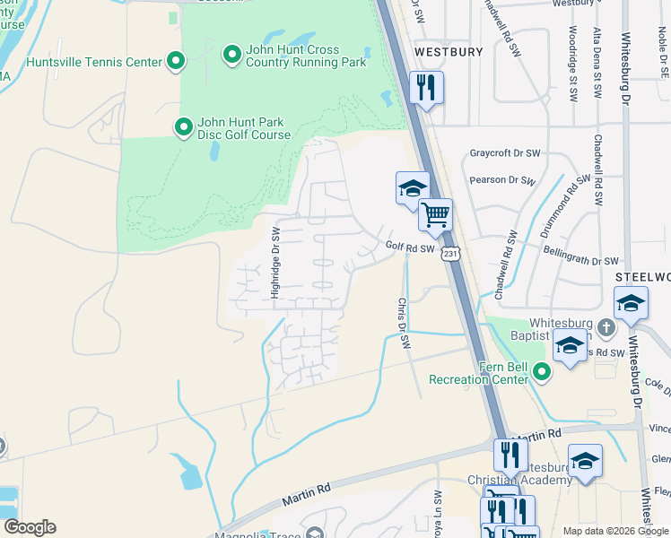 map of restaurants, bars, coffee shops, grocery stores, and more near 4111 Hunters Ridge Drive Southwest in Huntsville
