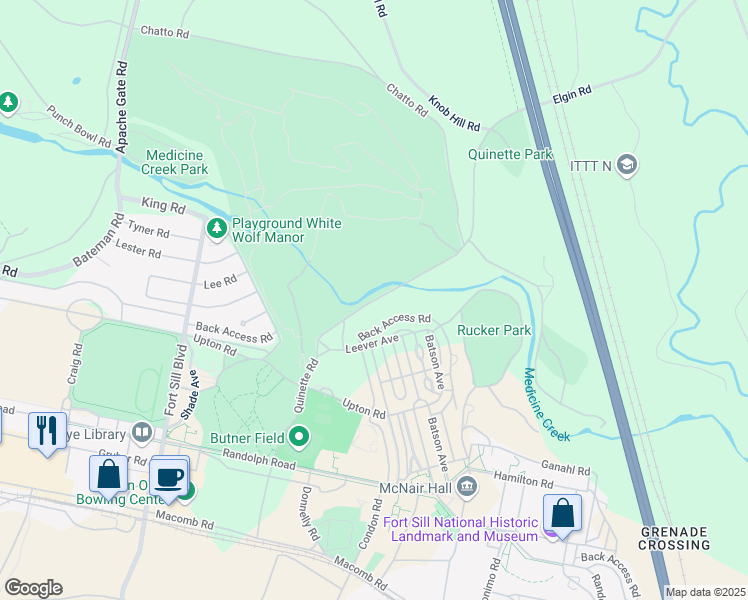 map of restaurants, bars, coffee shops, grocery stores, and more near Quinette Road in Lawton
