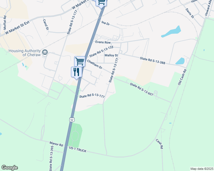 map of restaurants, bars, coffee shops, grocery stores, and more near 376 Oak Street in Cheraw