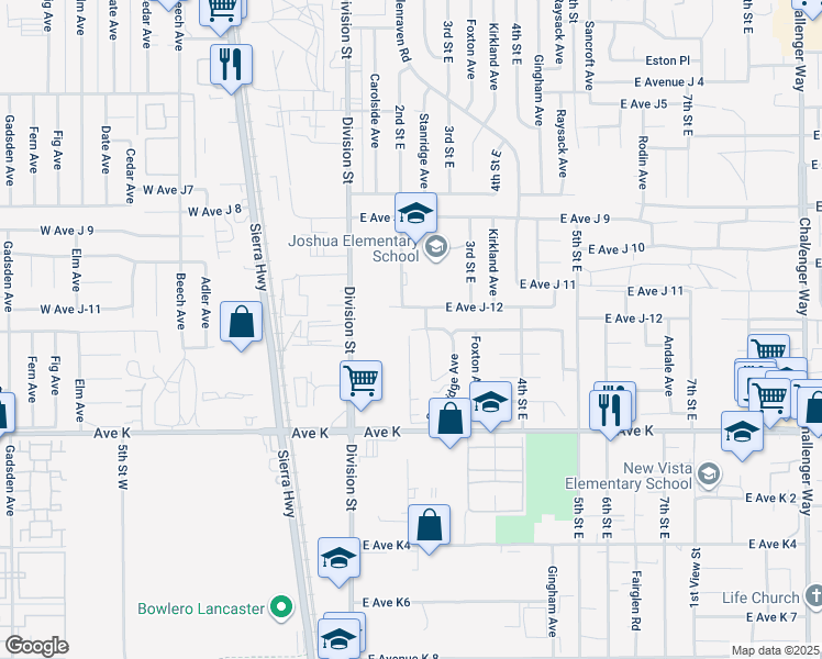 map of restaurants, bars, coffee shops, grocery stores, and more near 2 East Avenue J 13 in Lancaster