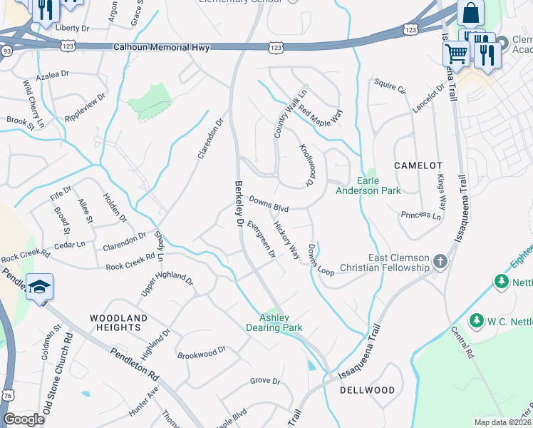 map of restaurants, bars, coffee shops, grocery stores, and more near 54 Hickory Way in Clemson