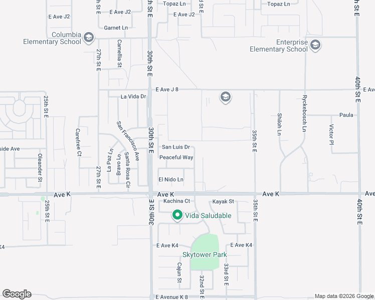 map of restaurants, bars, coffee shops, grocery stores, and more near 3126 San Luis Drive in Lancaster
