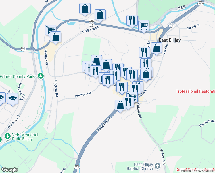 map of restaurants, bars, coffee shops, grocery stores, and more near 772 Maddox Drive in East Ellijay