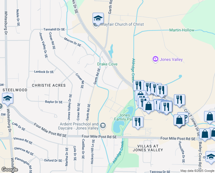 map of restaurants, bars, coffee shops, grocery stores, and more near 5046 Somerby Drive Southeast in Huntsville