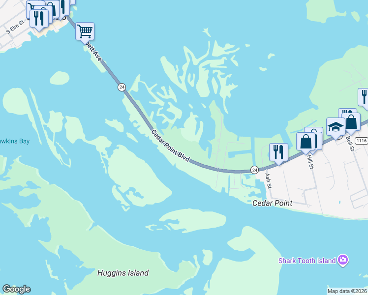 map of restaurants, bars, coffee shops, grocery stores, and more near 159 Cedar Point Boulevard in Cedar Point