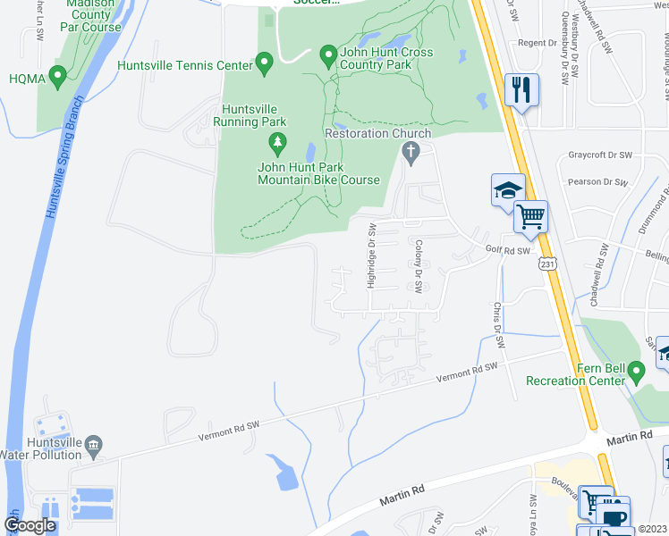 map of restaurants, bars, coffee shops, grocery stores, and more near 4008 Hunters Ridge Drive Southwest in Huntsville