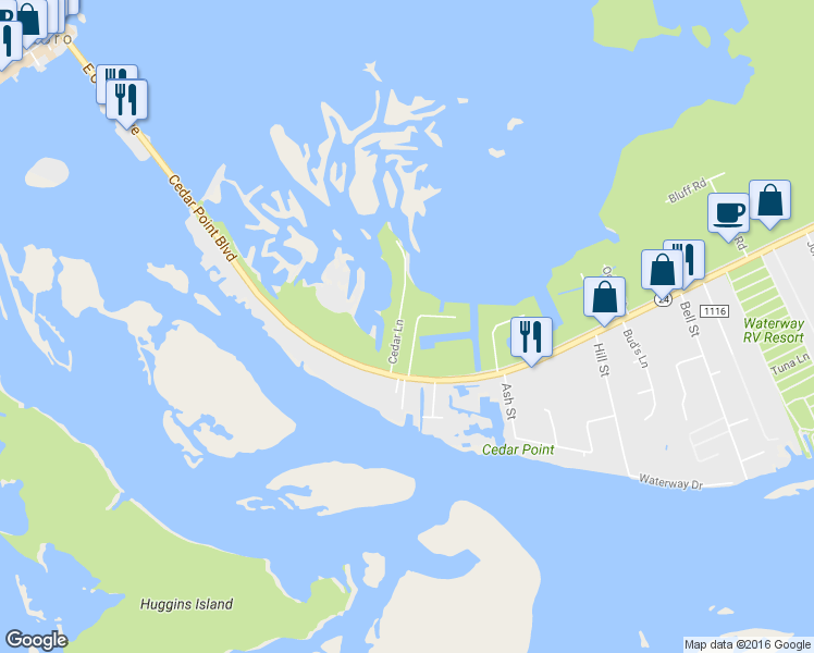 map of restaurants, bars, coffee shops, grocery stores, and more near 120 Cedar Lane in Swansboro