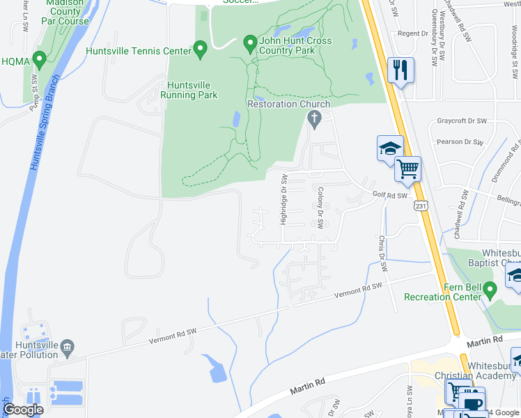 map of restaurants, bars, coffee shops, grocery stores, and more near 4000 Hunters Ridge Drive Southwest in Huntsville