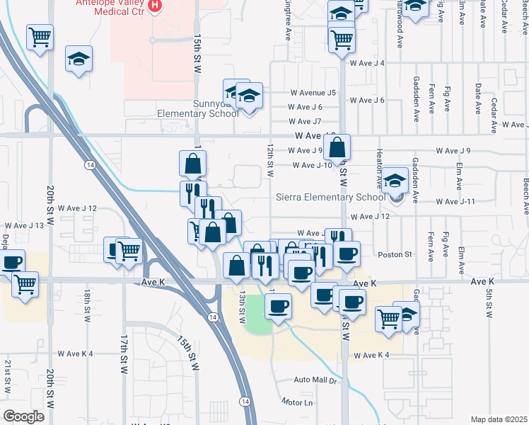map of restaurants, bars, coffee shops, grocery stores, and more near 1216 West Avenue J 12 in Lancaster
