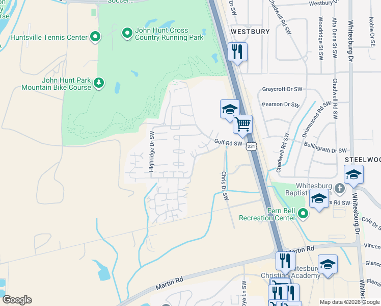 map of restaurants, bars, coffee shops, grocery stores, and more near Hunters Ridge Drive Southwest in Huntsville