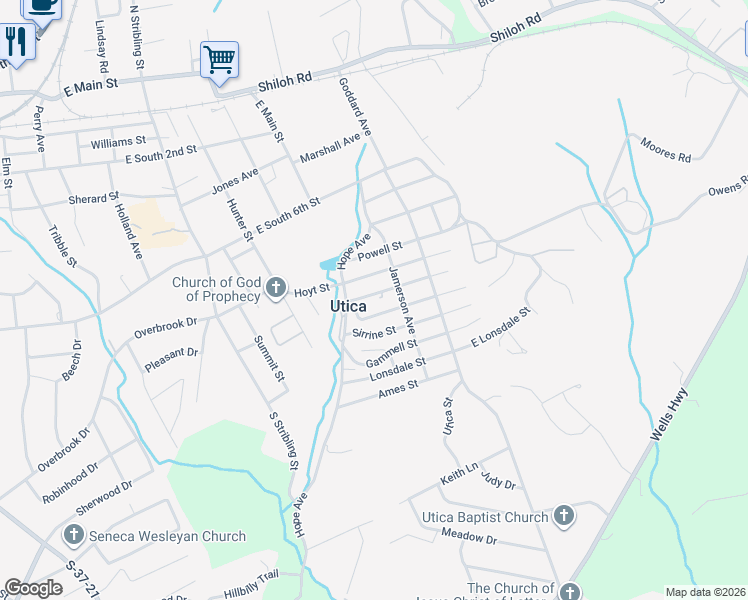 map of restaurants, bars, coffee shops, grocery stores, and more near 8 Padgett Street in Seneca