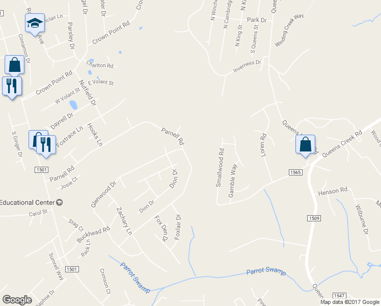 map of restaurants, bars, coffee shops, grocery stores, and more near 227 Parnell Road in Hubert