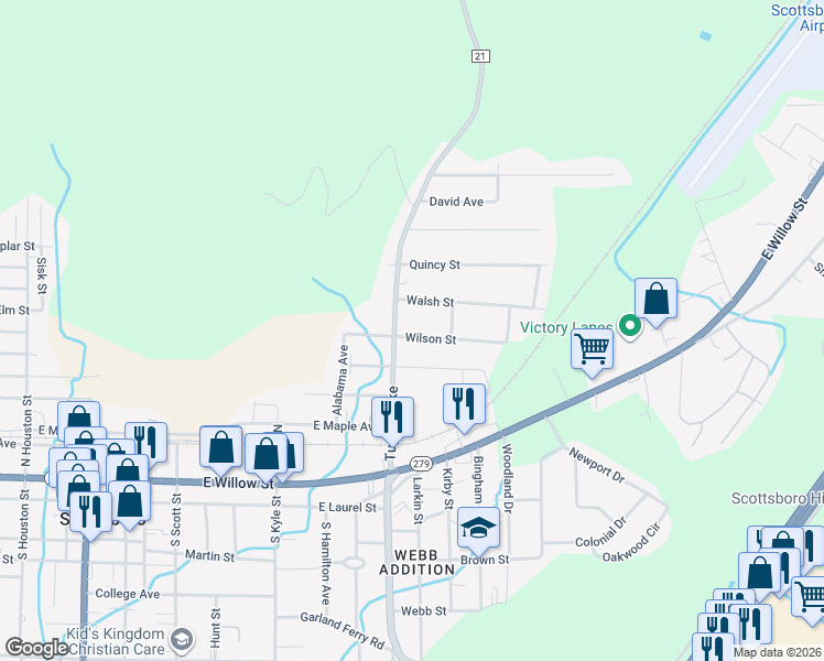map of restaurants, bars, coffee shops, grocery stores, and more near 505 Wilson Street in Scottsboro