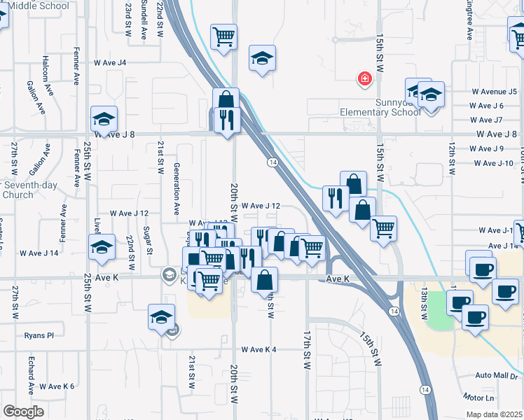 map of restaurants, bars, coffee shops, grocery stores, and more near 1812 West Avenue J 12 in Lancaster