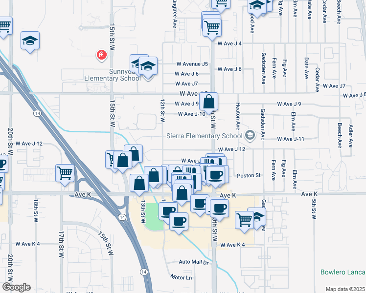 map of restaurants, bars, coffee shops, grocery stores, and more near 1109 West Avenue J 12 in Lancaster