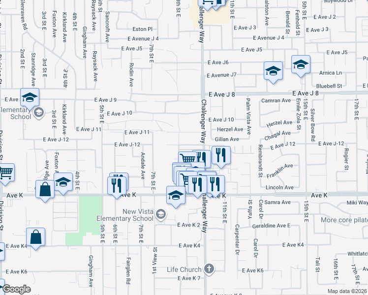 map of restaurants, bars, coffee shops, grocery stores, and more near 814 East Avenue J-12 in Lancaster