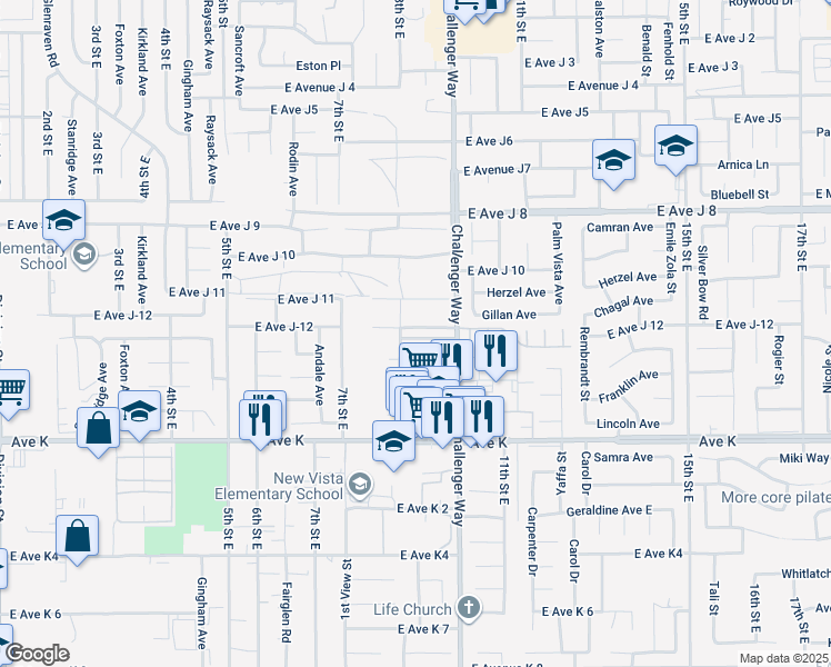 map of restaurants, bars, coffee shops, grocery stores, and more near 824 East Avenue J-12 in Lancaster