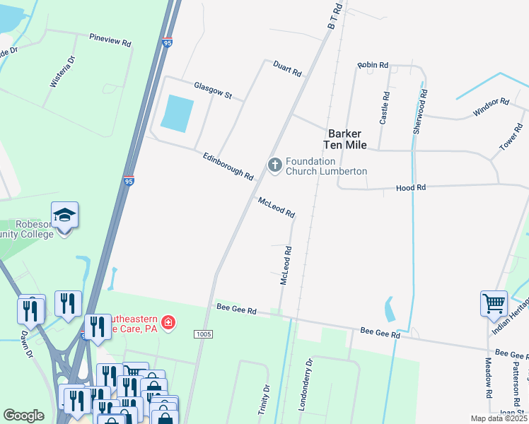 map of restaurants, bars, coffee shops, grocery stores, and more near 416 B T Road in Lumberton