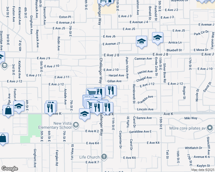 map of restaurants, bars, coffee shops, grocery stores, and more near 43749 Mona Court in Lancaster
