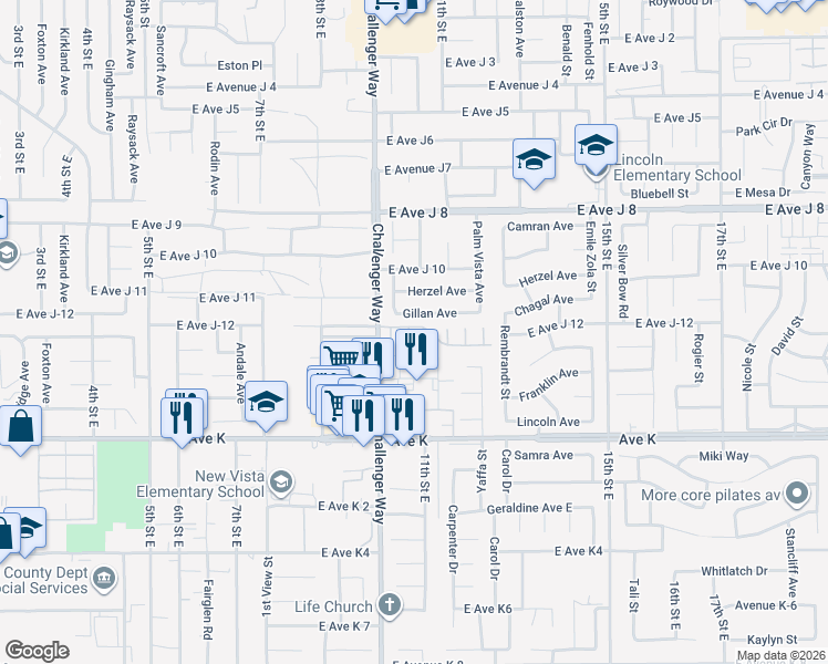 map of restaurants, bars, coffee shops, grocery stores, and more near 43748 Mona Court in Lancaster