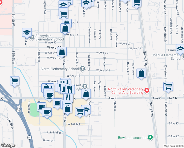 map of restaurants, bars, coffee shops, grocery stores, and more near 665 West Avenue J 12 in Lancaster