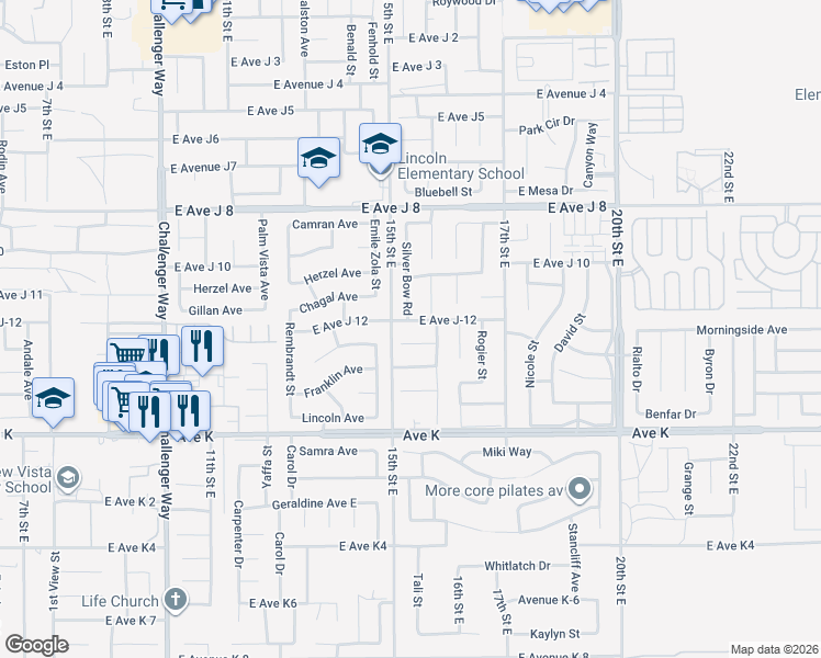 map of restaurants, bars, coffee shops, grocery stores, and more near 1518 East Avenue J-12 in Lancaster