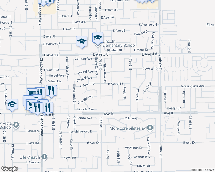 map of restaurants, bars, coffee shops, grocery stores, and more near 1526 East Avenue J 12 in Lancaster