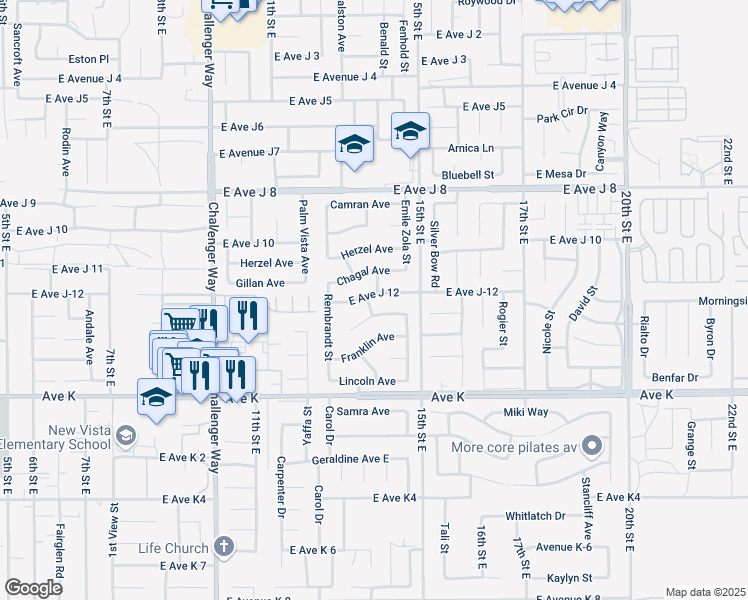 map of restaurants, bars, coffee shops, grocery stores, and more near 1306 East Avenue J 12 in Lancaster