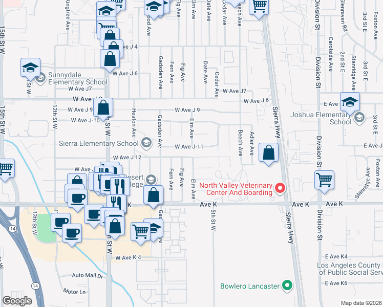 map of restaurants, bars, coffee shops, grocery stores, and more near 615 West Avenue J 12 in Lancaster