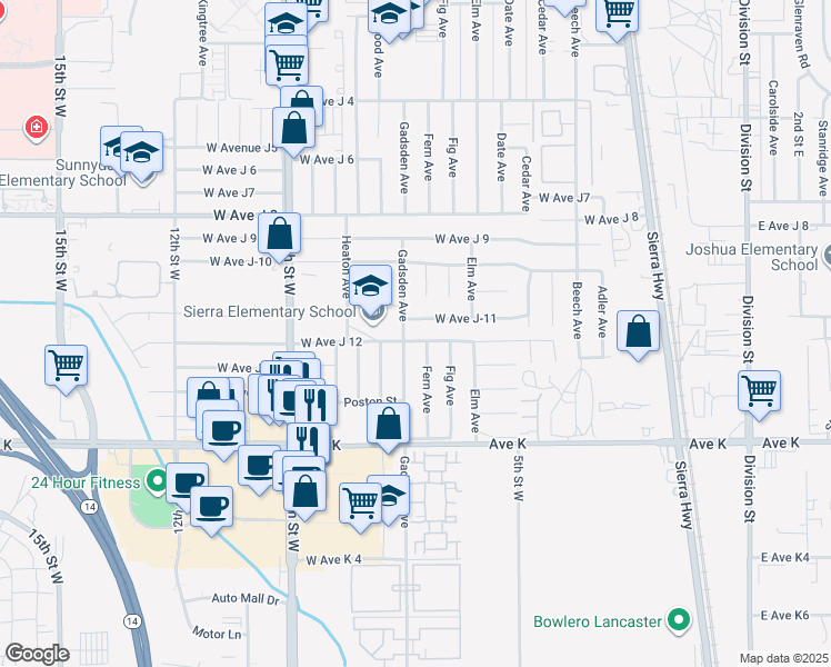map of restaurants, bars, coffee shops, grocery stores, and more near 665 West Avenue J 12 in Lancaster