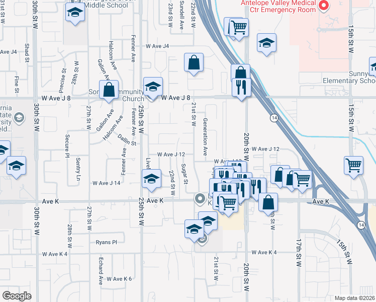 map of restaurants, bars, coffee shops, grocery stores, and more near 43768 21st Street West in Lancaster