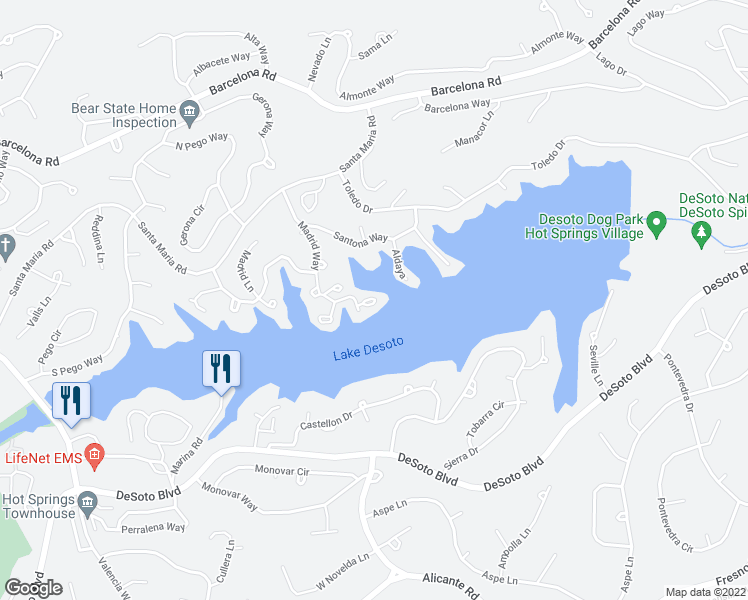 map of restaurants, bars, coffee shops, grocery stores, and more near 20 Cabo Tinoso Place in Hot Springs Village