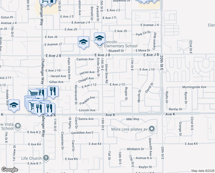 map of restaurants, bars, coffee shops, grocery stores, and more near 1518 East Avenue J-12 in Lancaster