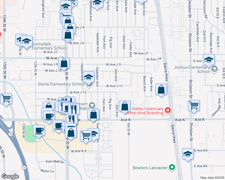 map of restaurants, bars, coffee shops, grocery stores, and more near 615 West Avenue J 12 in Lancaster