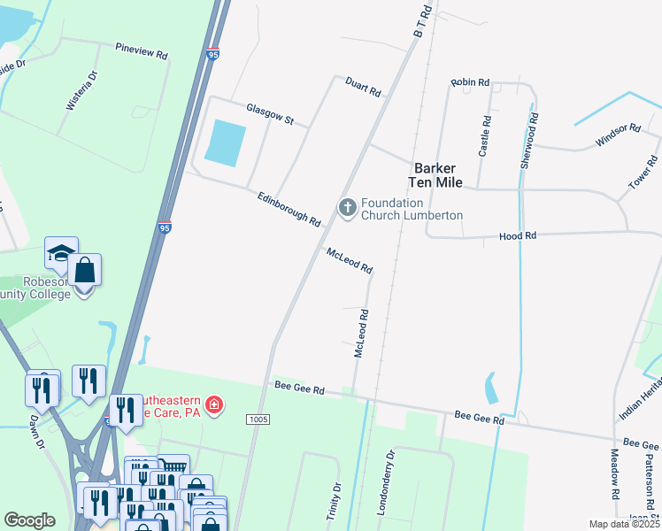 map of restaurants, bars, coffee shops, grocery stores, and more near 416 B T Road in Lumberton