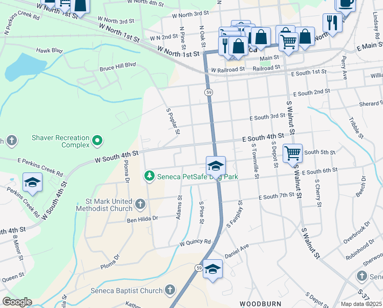 map of restaurants, bars, coffee shops, grocery stores, and more near 408 Pine Street in Seneca