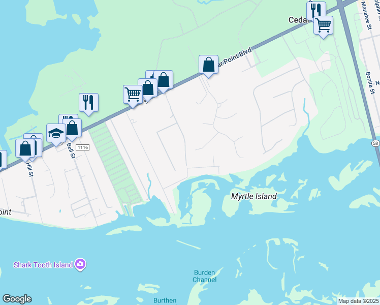 map of restaurants, bars, coffee shops, grocery stores, and more near 121 Casey Court in Cedar Point